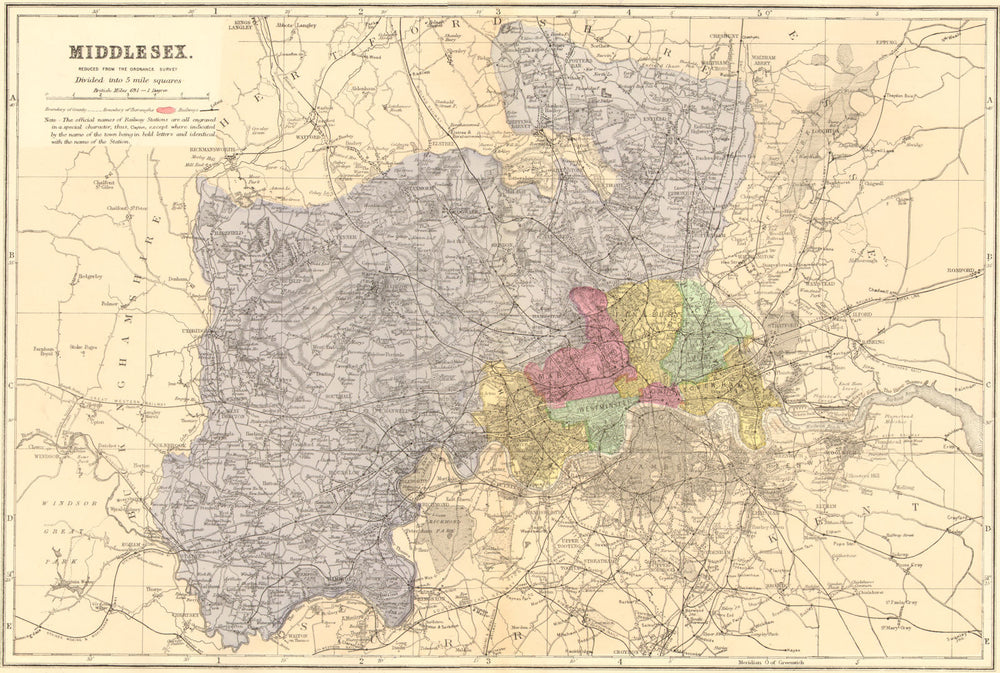 MIDDLESEX. Antique county map by GW BACON 1884 old plan chart