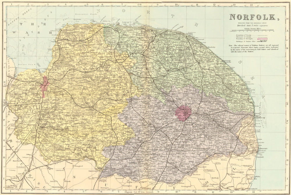 NORFOLK. Antique county map by GW BACON 1884 old plan chart