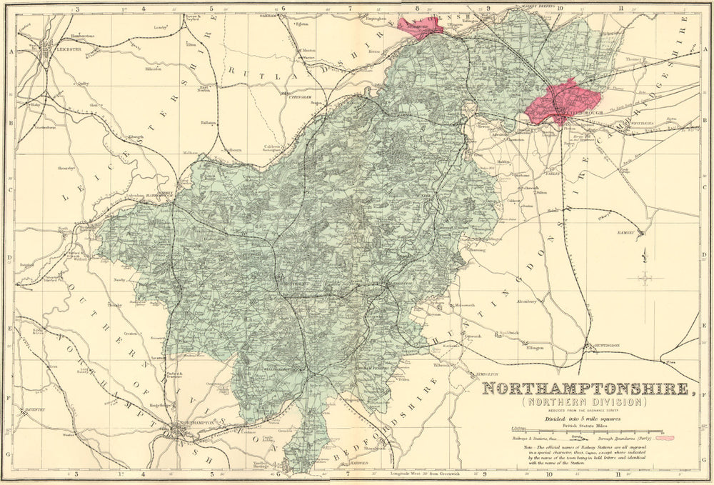 NORTHAMPTONSHIRE (North). Antique county map by GW BACON 1884 old