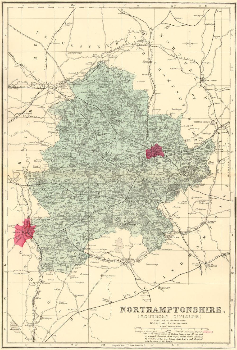 NORTHAMPTONSHIRE (South). Antique county map by GW BACON 1884 old