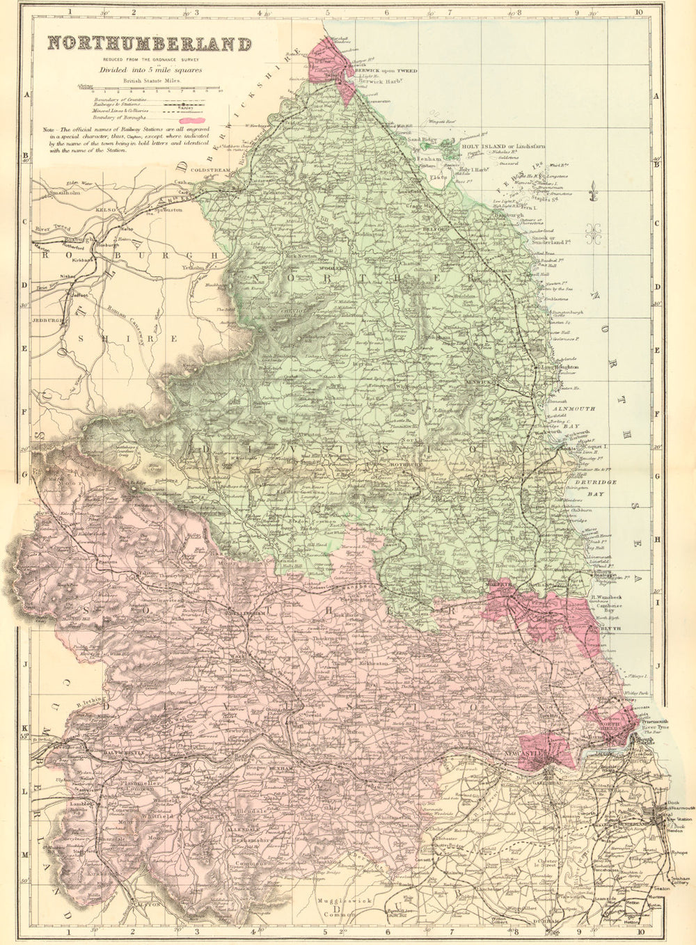 NORTHUMBERLAND. Antique county map by GW BACON 1884 old plan chart