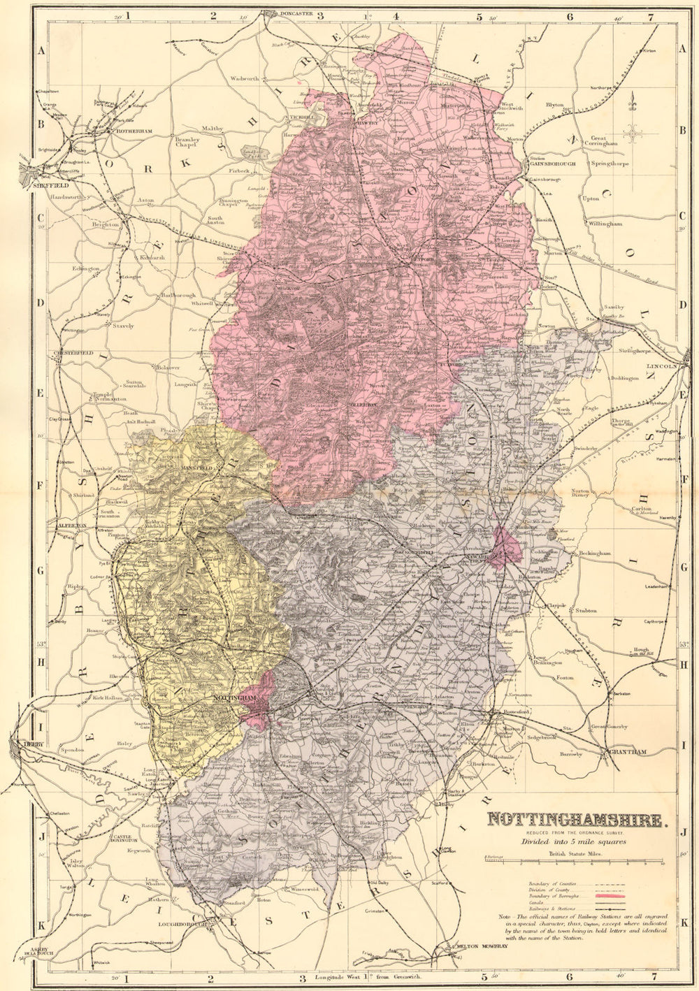 NOTTINGHAMSHIRE. Antique county map by GW BACON 1884 old chart