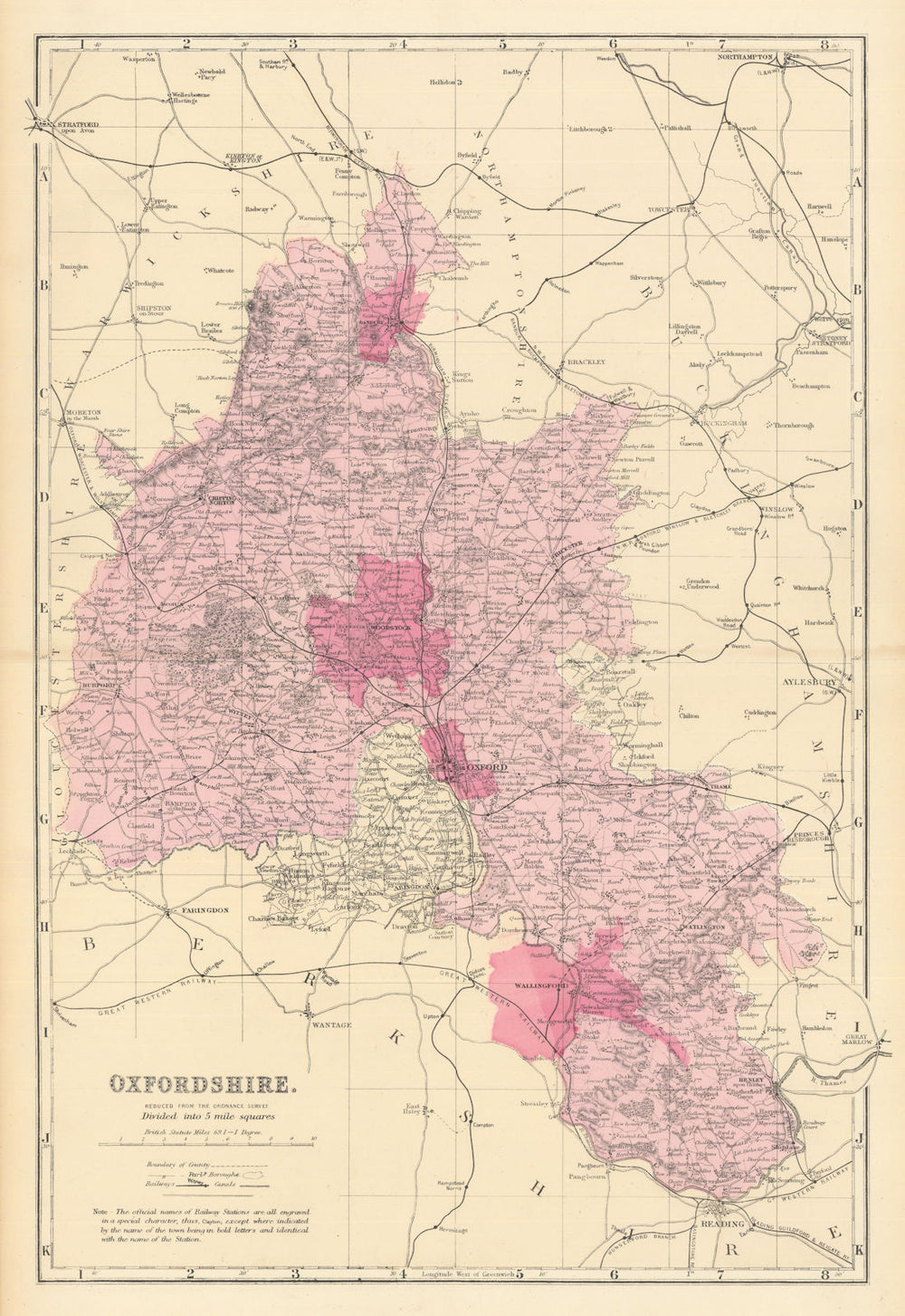 OXFORDSHIRE. Antique county map by GW BACON 1884 old plan chart