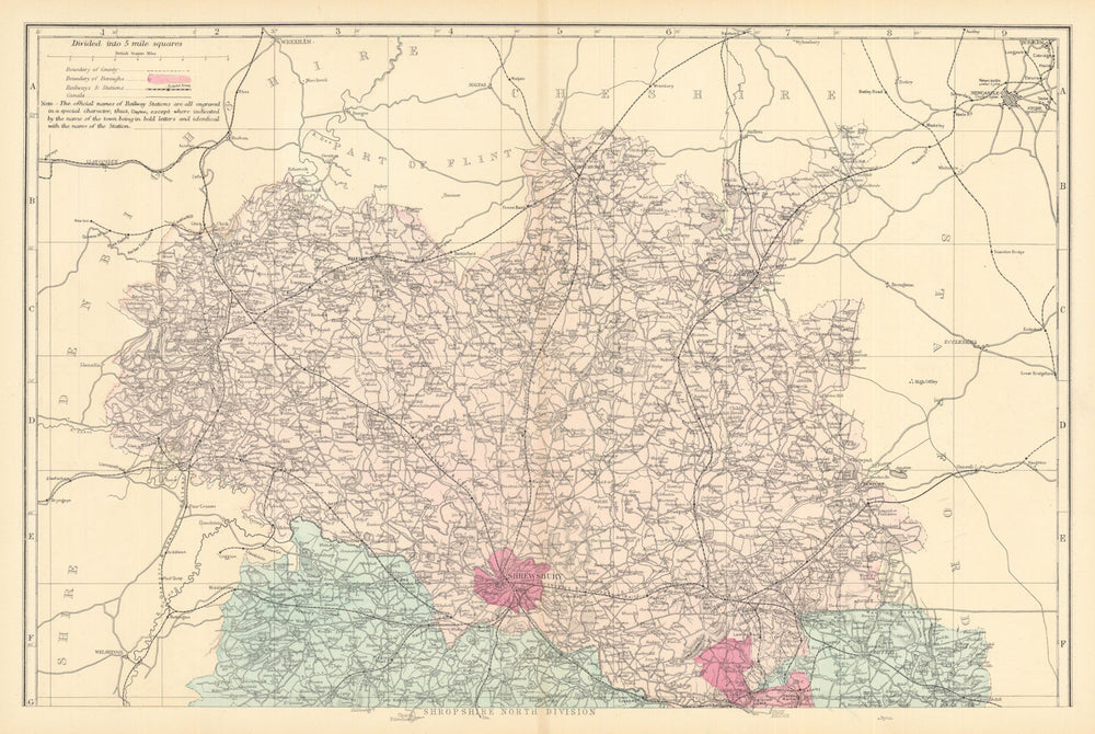 SHROPSHIRE (North). Antique county map by GW BACON 1884 old chart