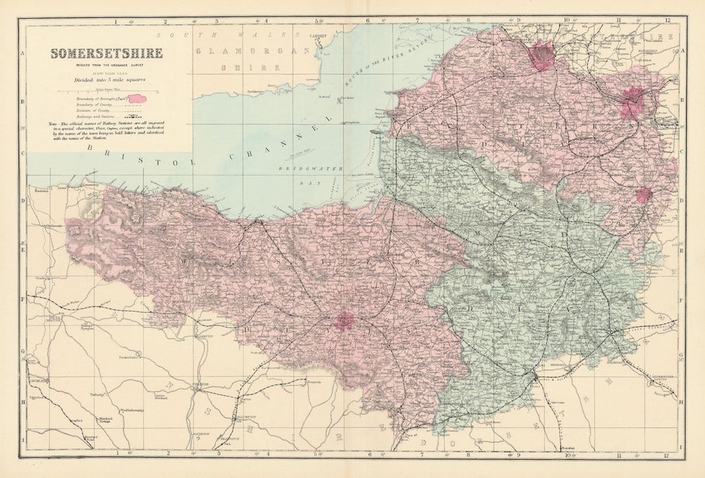 SOMERSETSHIRE. Somerset Antique county map by GW BACON 1884 old