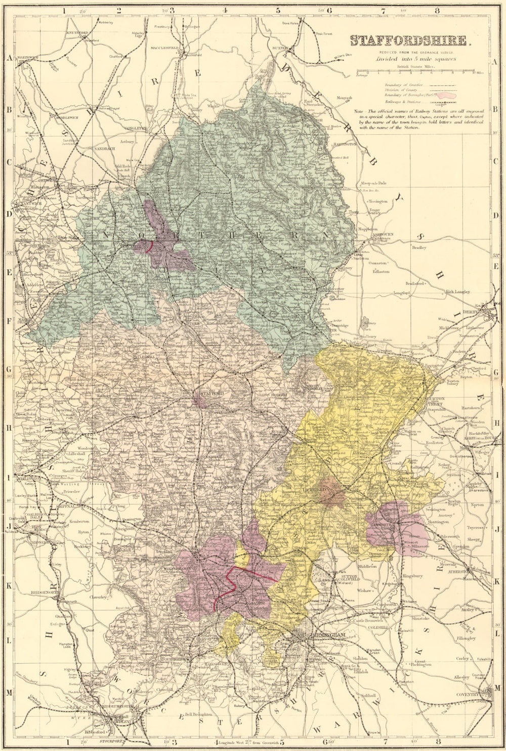 STAFFORDSHIRE. Antique county map by GW BACON 1884 old plan chart