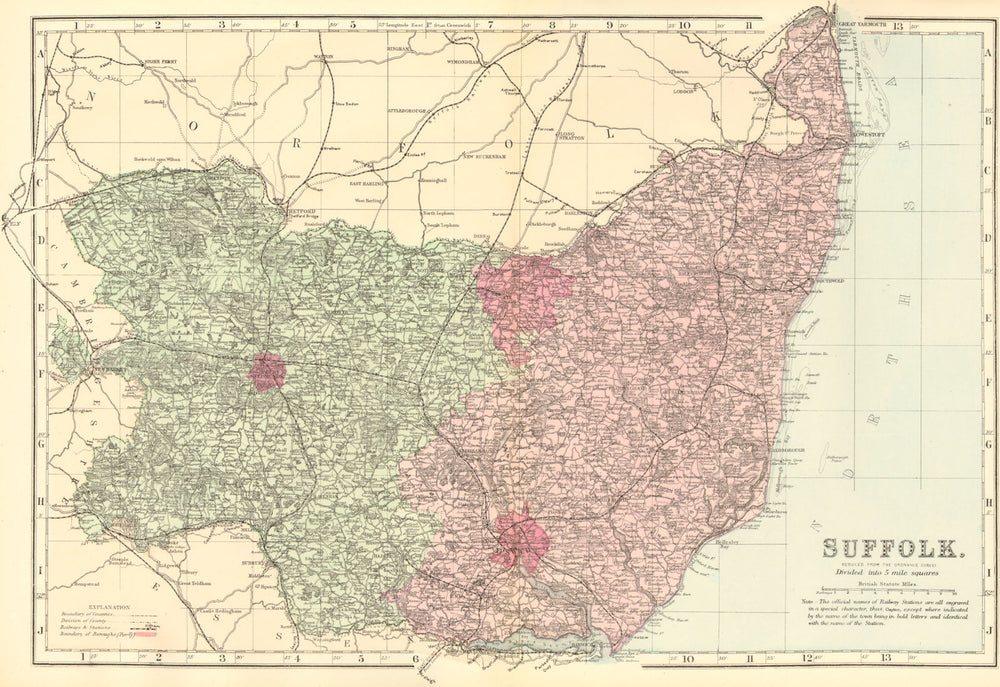 SUFFOLK. Antique county map by GW BACON 1884 old plan chart