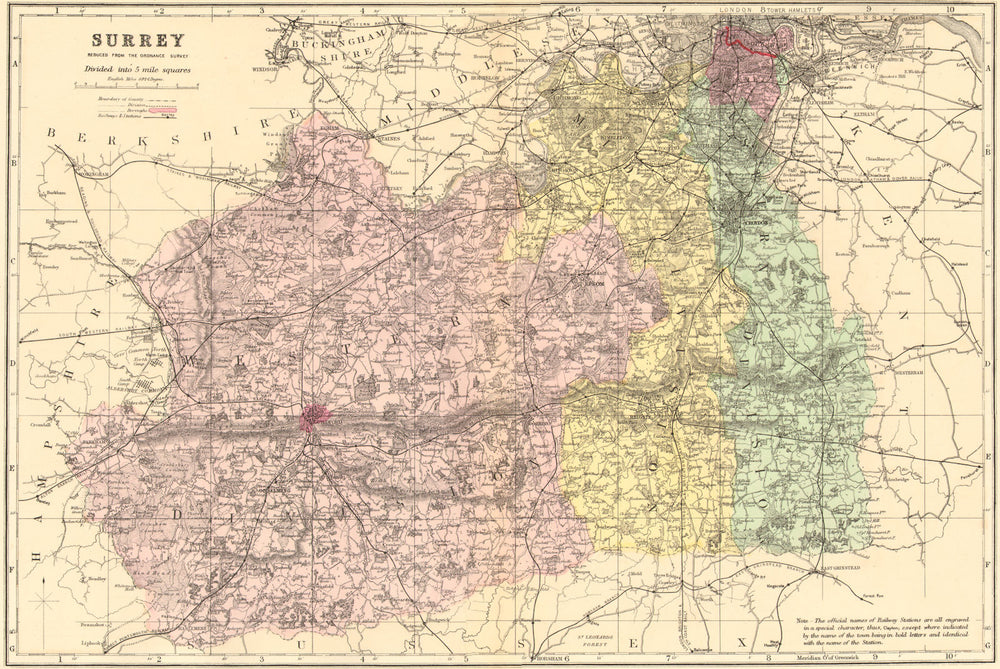 SURREY. Antique county map by GW BACON 1884 old vintage plan chart
