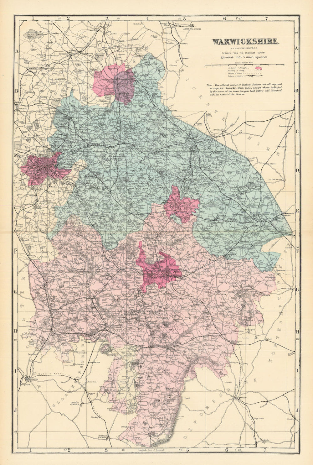 WARWICKSHIRE. Antique county map by GW BACON 1884 old plan chart