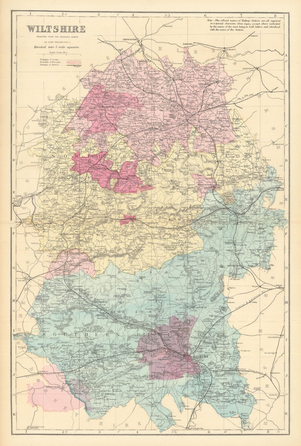 WILTSHIRE. Antique county map by GW BACON 1884 old plan chart