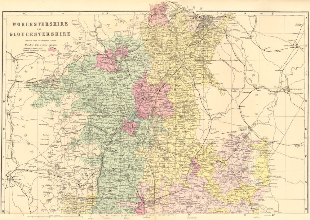 WORCESTERSHIRE & GLOUCESTERSHIRE (North). Antique county map by GW BACON 1884