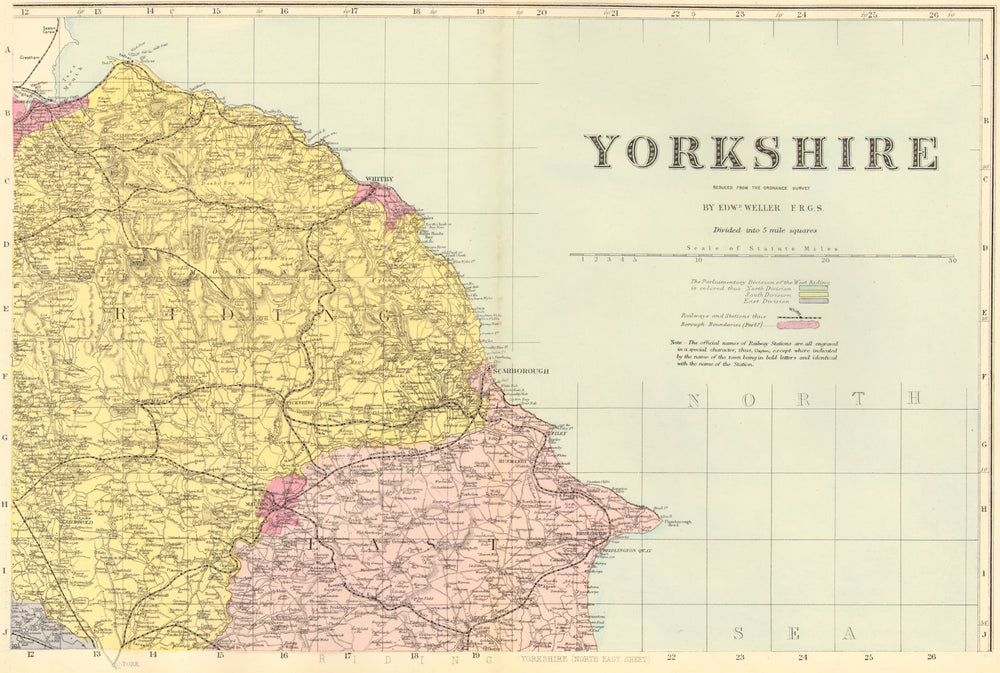 YORKSHIRE (North East). Scarborough Whitby. Antique county map by GW BACON 1884
