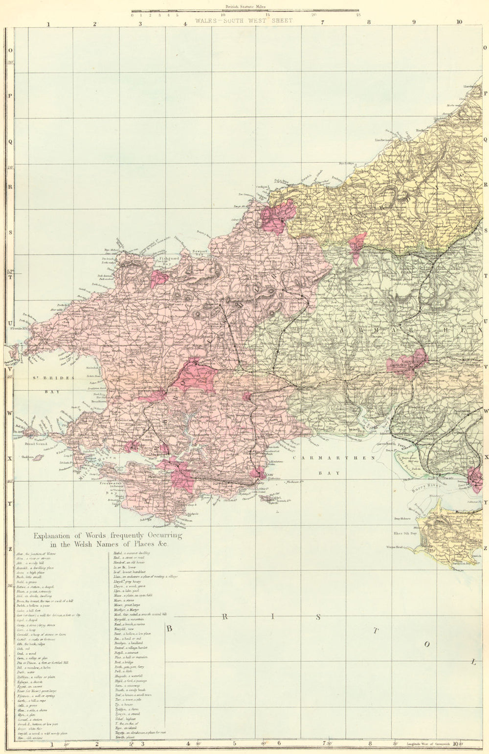 WALES (South West). Pembrokeshire Camarthenshire Dyfed. GW BACON 1884 old map