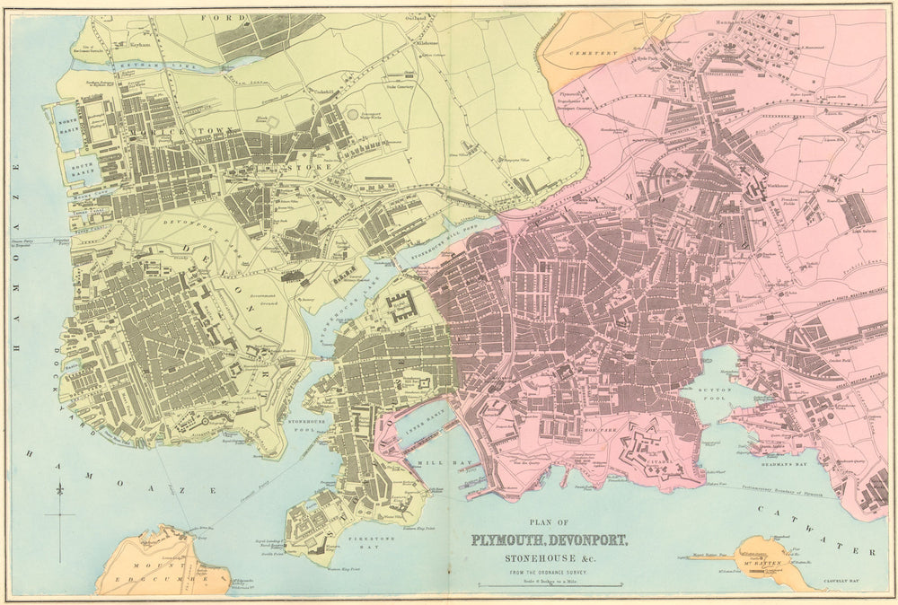 PLYMOUTH. Inc Devonport Stonehouse Stoke Mutley. Town plan. GW BACON 1884 map
