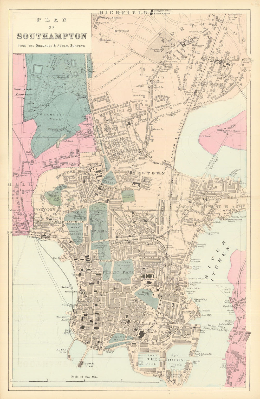 SOUTHAMPTON. inc Northam Portswood. Antique town plan by GW BACON 1884 old map