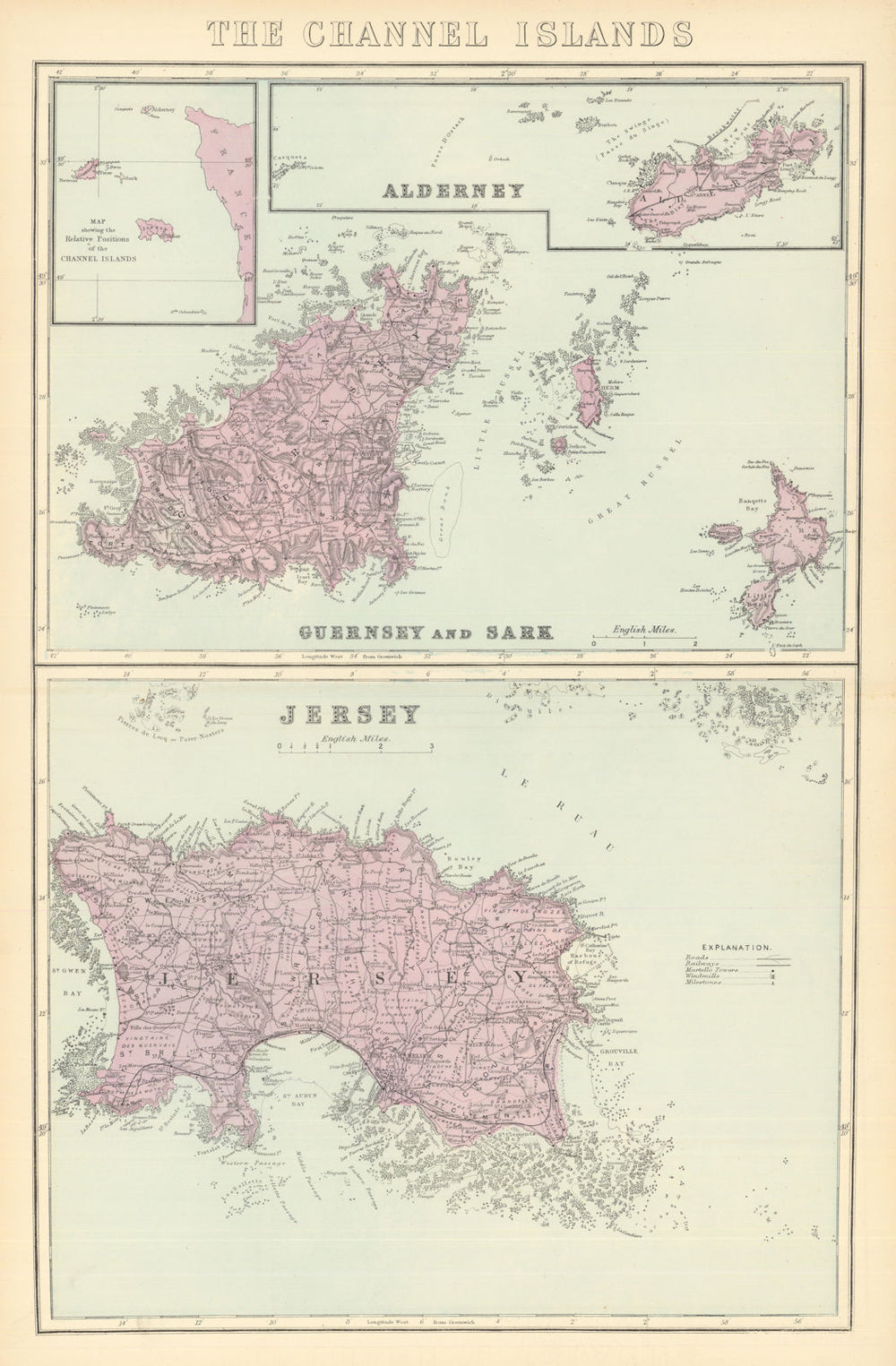 CHANNEL ISLANDS. Alderney Guernsey Sark Jersey. Antique map by GW BACON 1884