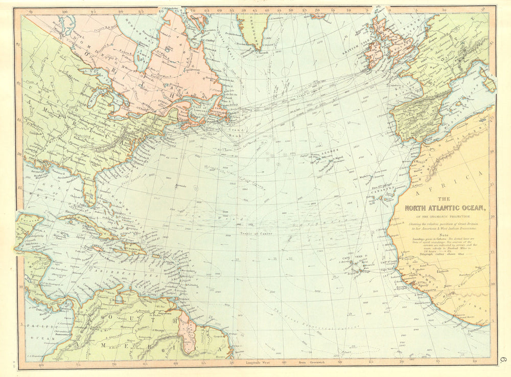 NORTH ATLANTIC. Gnomonic projection.Currents telegraph cables.BLACKIE 1893 map
