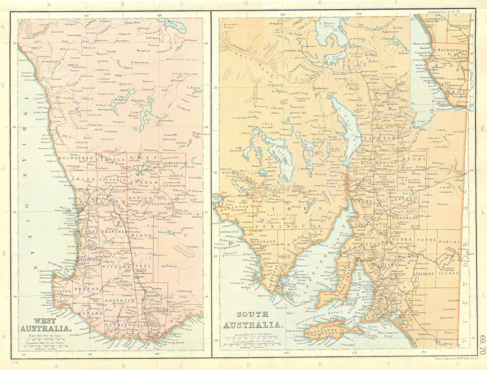 WESTERN & SOUTH AUSTRALIA. Showing counties & railways.  BLACKIE 1893 old map