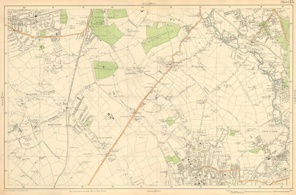SUTTON.Carshalton,Morden,New Malden,Worcester Pk,Mitcham,Cheam-Bacon c1911 map