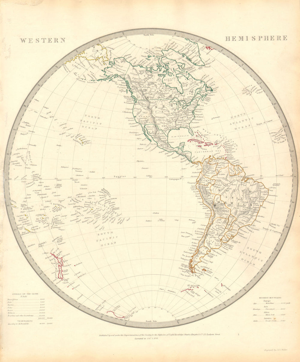 WESTERN HEMISPHERE. The Americas; Pacific Ocean; New Zealand. SDUK 1848 map
