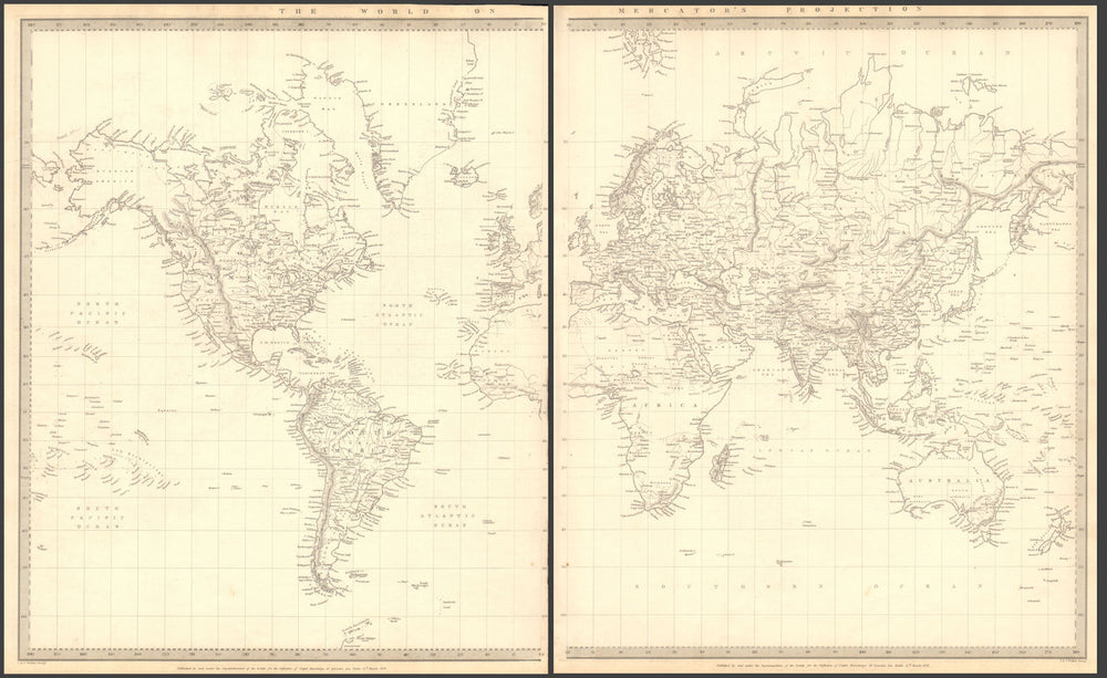 WORLD ON MERCATOR'S PROJECTION. Antique map. SDUK 1848 old chart