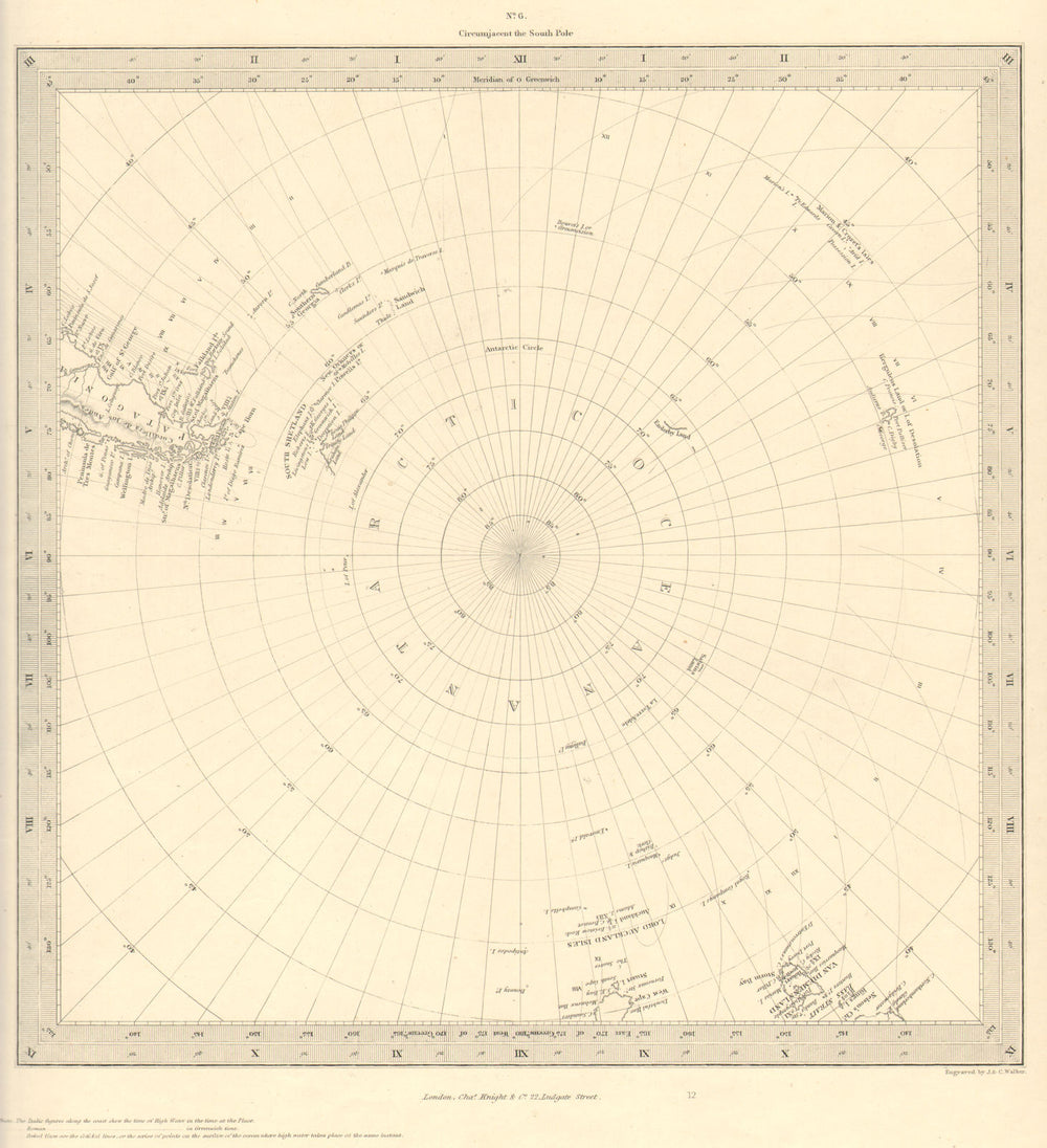 SOUTH POLE ANTARCTIC. Gnomonic Projection. To 45˚ S Latitude. SDUK 1848 map