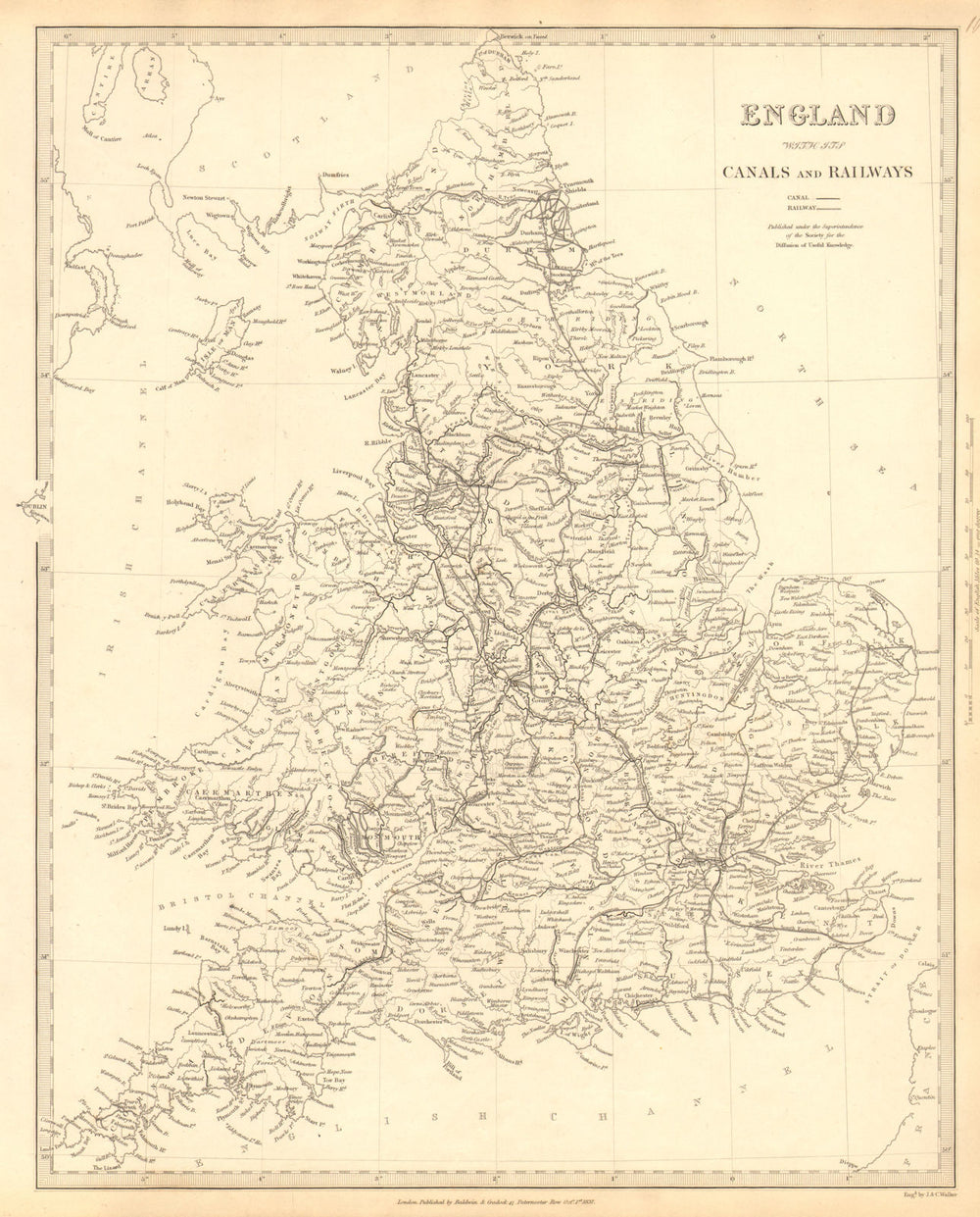 ENGLAND AND WALES. Canals and Railways. SDUK 1848 old antique map plan chart