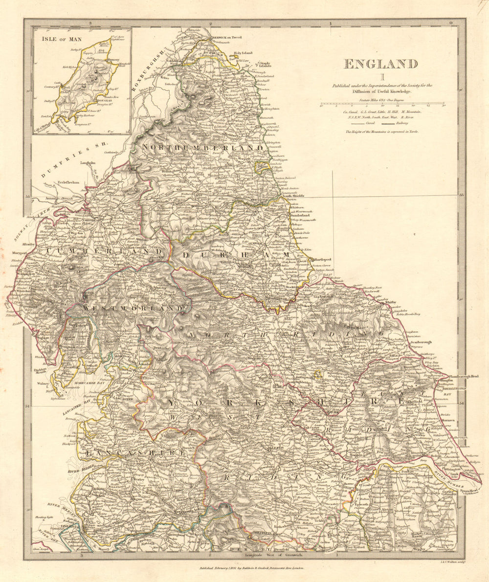 ENGLAND NORTH.Yorkshire Cumbs Lancs Durham Northumbs;Isle of Man.SDUK 1848 map