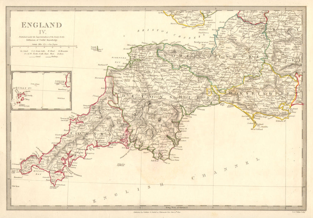 ENGLAND SOUTH WEST. Cornwall Devon Somerset Dorset Scilly Isles. SDUK 1848 map