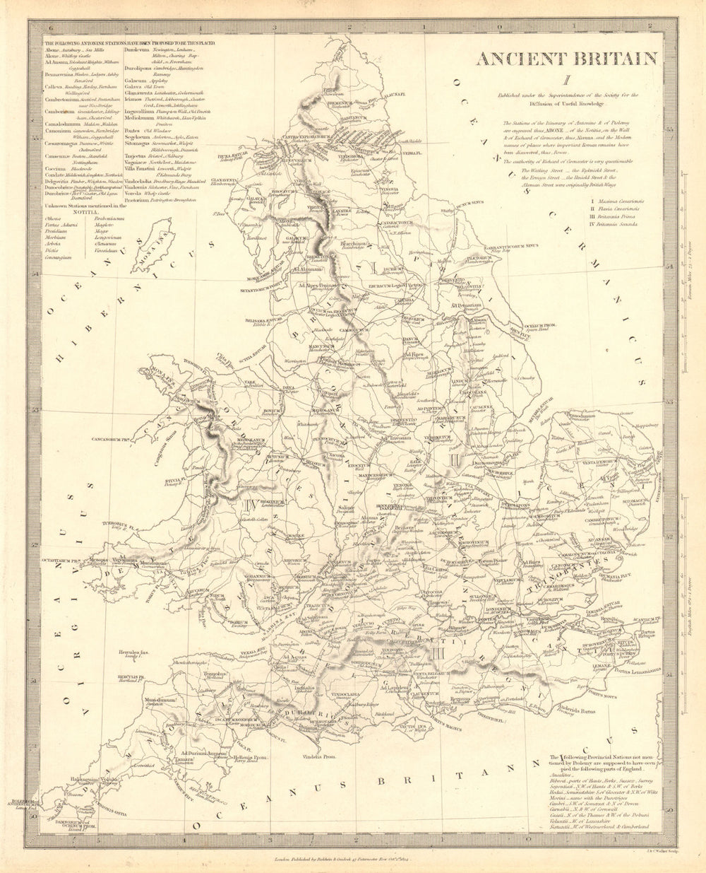 ANCIENT BRITAIN. England & Wales. Roman road town names. Ptolemy SDUK 1848 map