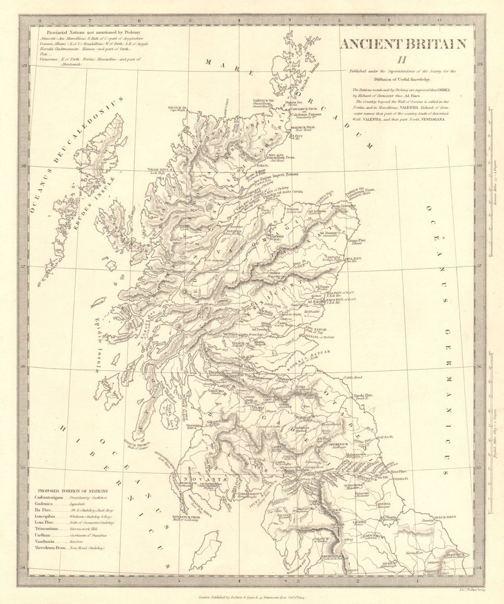 ANCIENT BRITAIN.Caledonia-Scotland.Roman road town names.Ptolemy.SDUK 1848 map