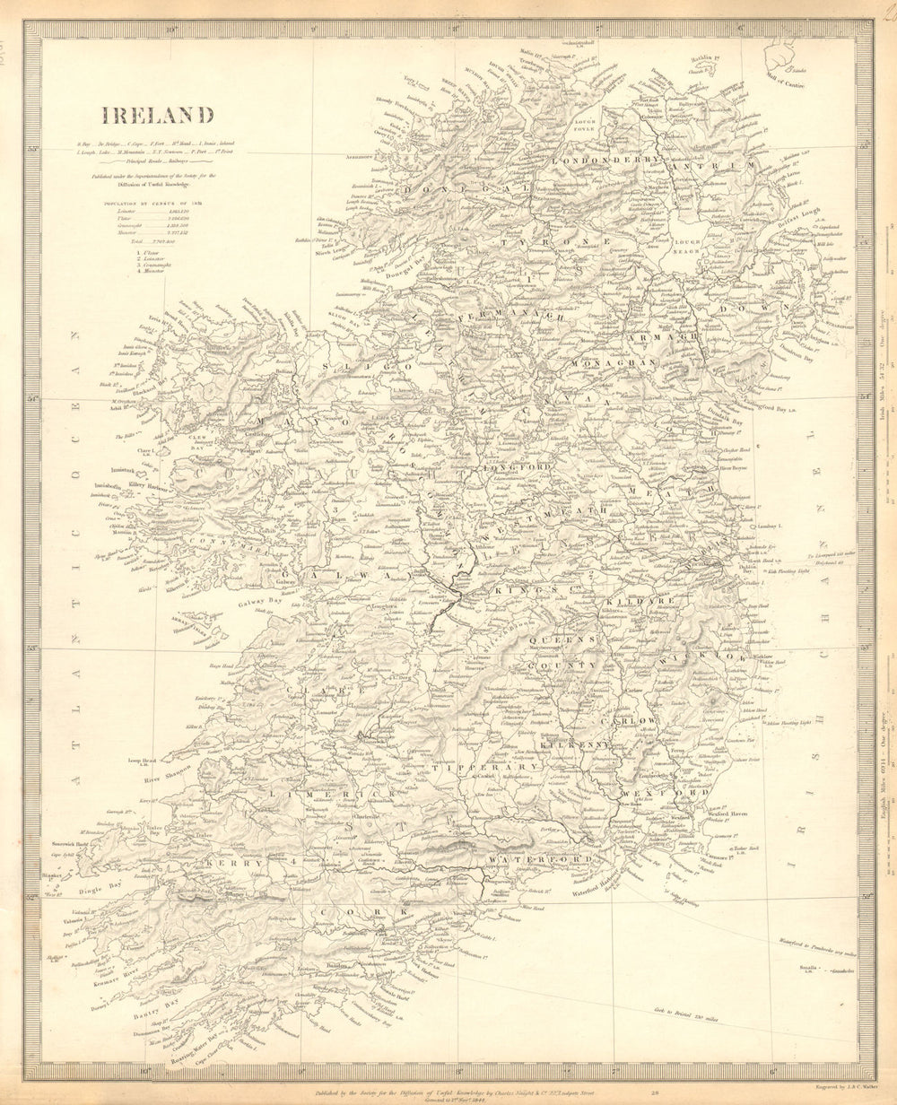 IRELAND. Showing roads and railways. SDUK 1848 old antique map plan chart
