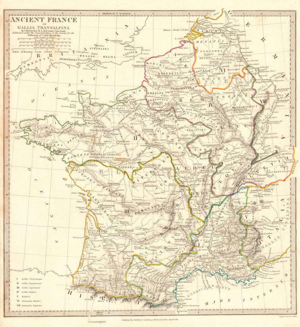 ANCIENT ROMAN FRANCE GAUL. Gallia Transalpina. Roman names roads.SDUK 1848 map