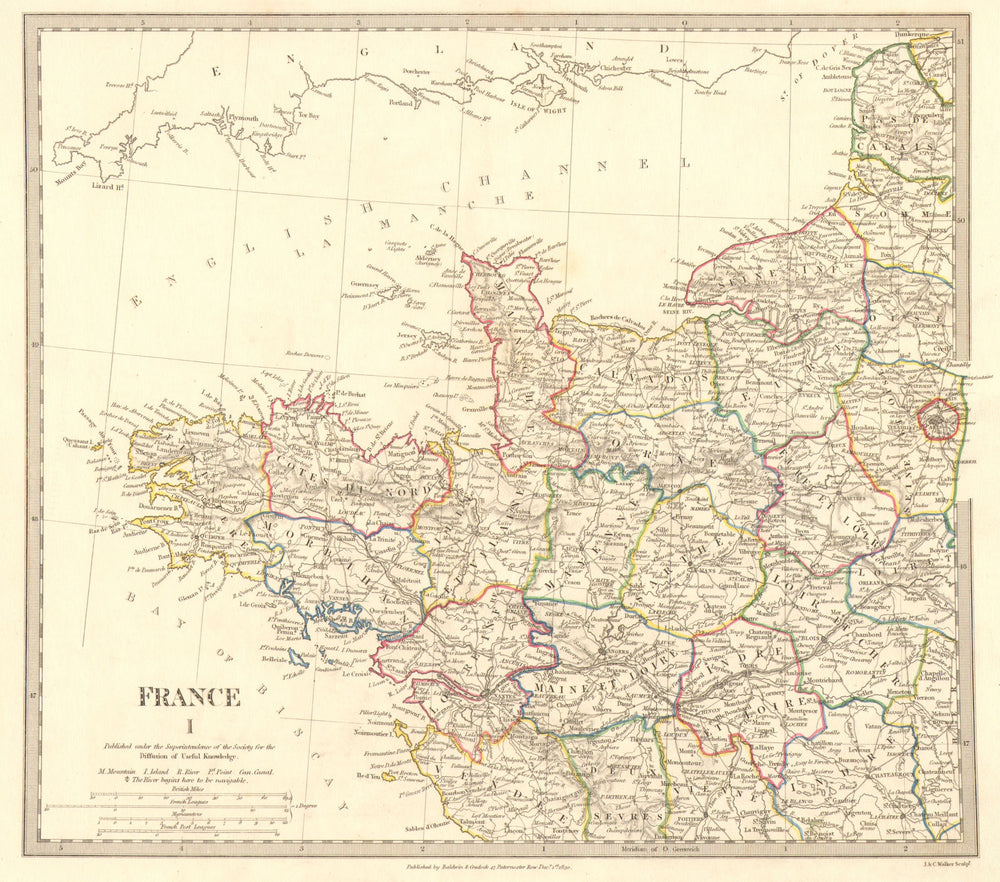 FRANCE NORTH WEST. Bretagne Normandie Loire Centre.Hand coloured.SDUK 1848 map