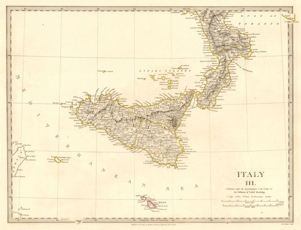SICILY CALABRIA. Sicily Malta Gozo. Original outline colour. SDUK 1848 old map