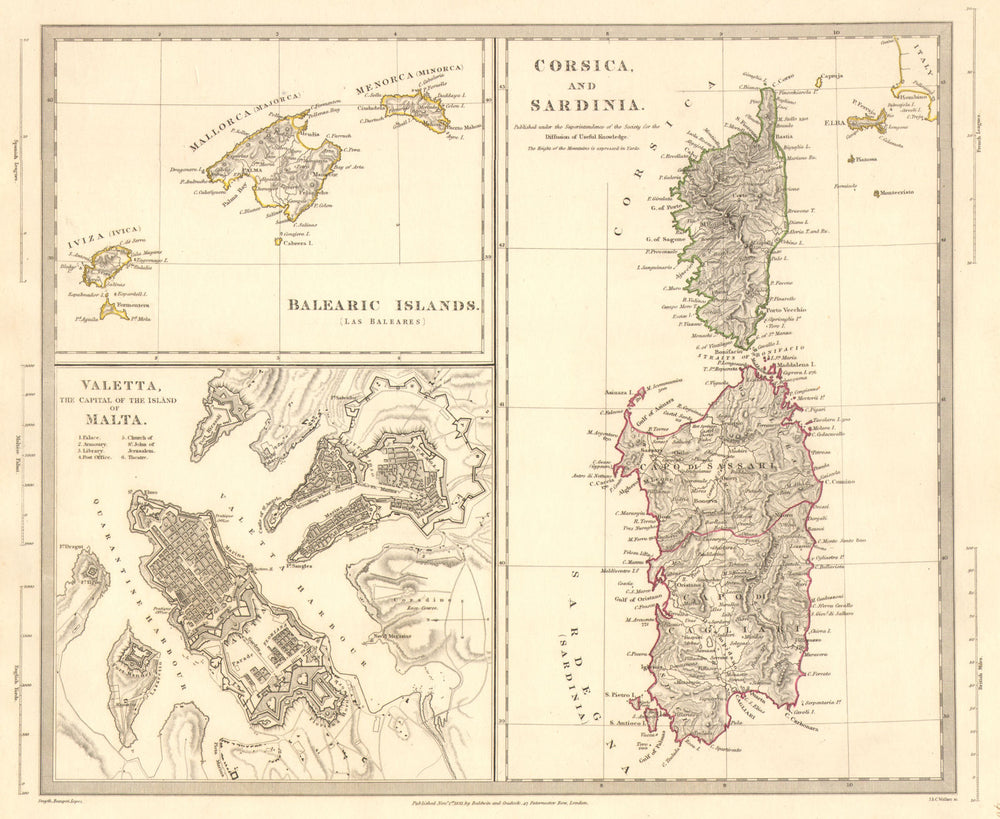 MEDITERRANEAN.Corsica Sardinia;Balearics Baleares;Valletta,Malta.SDUK 1848 map
