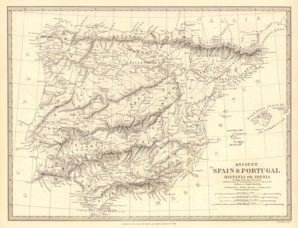 HISPANIA IBERIA. Ancient Spain & Portugal. Roman names & roads. SDUK 1848 map