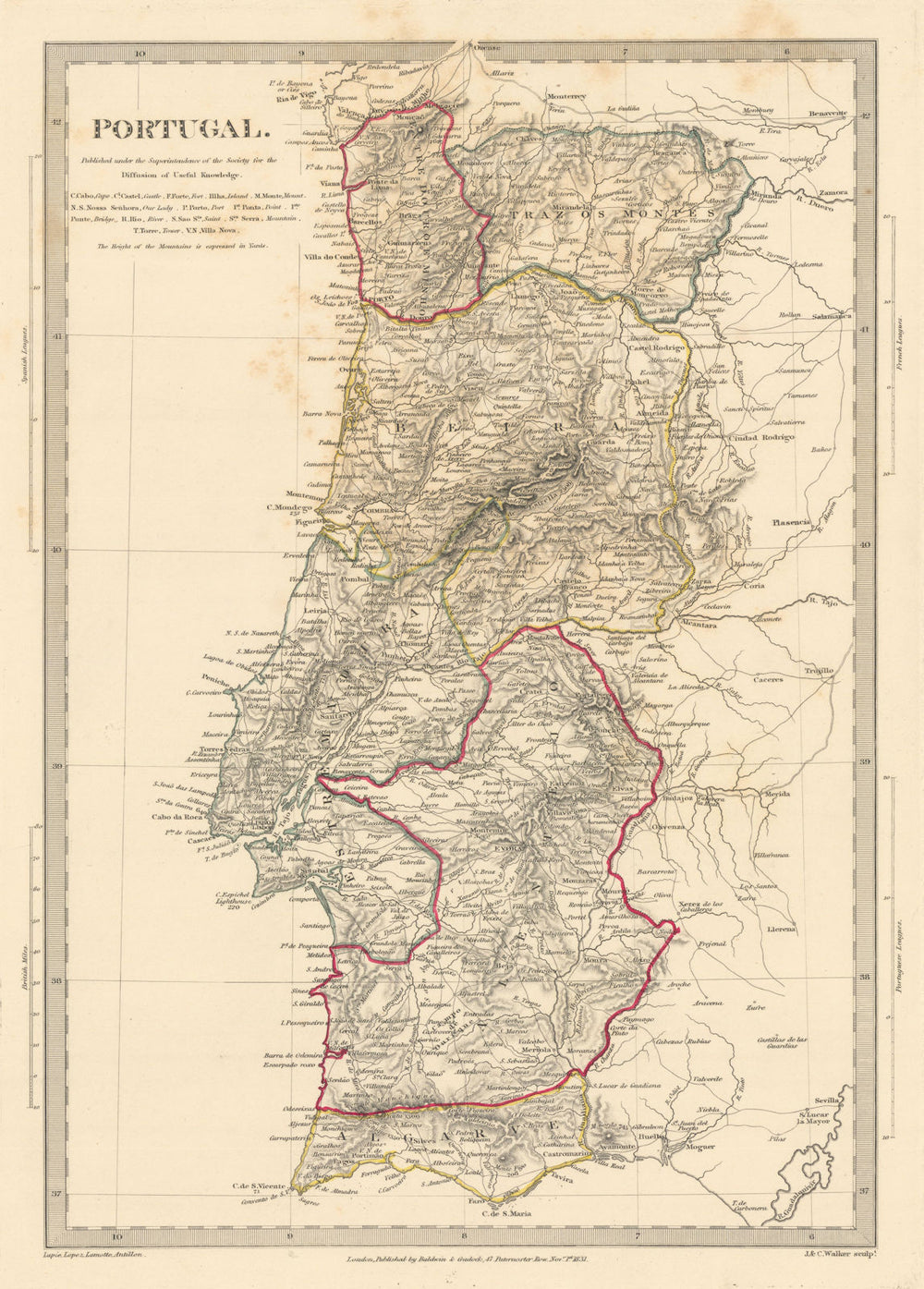PORTUGAL. Provinces.Algarve Alentejo Estremadura Beira etc. SDUK 1848 old map