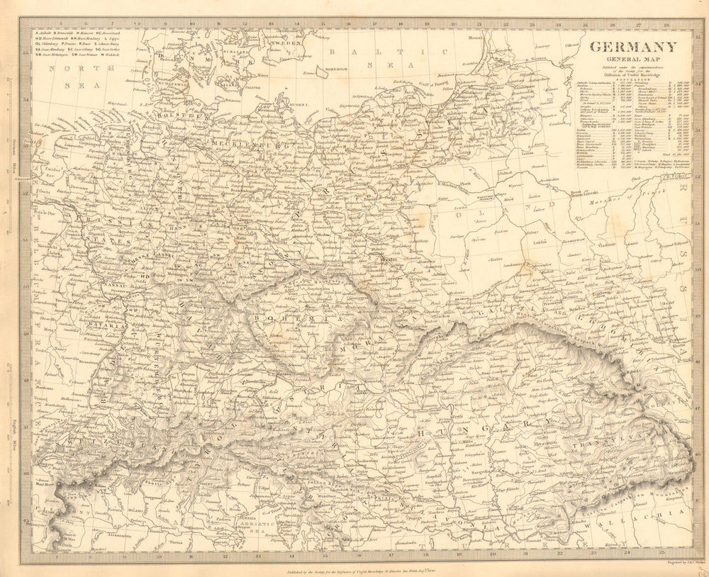 GERMANY. General Map. Hungary. Population table. SDUK 1848 old antique