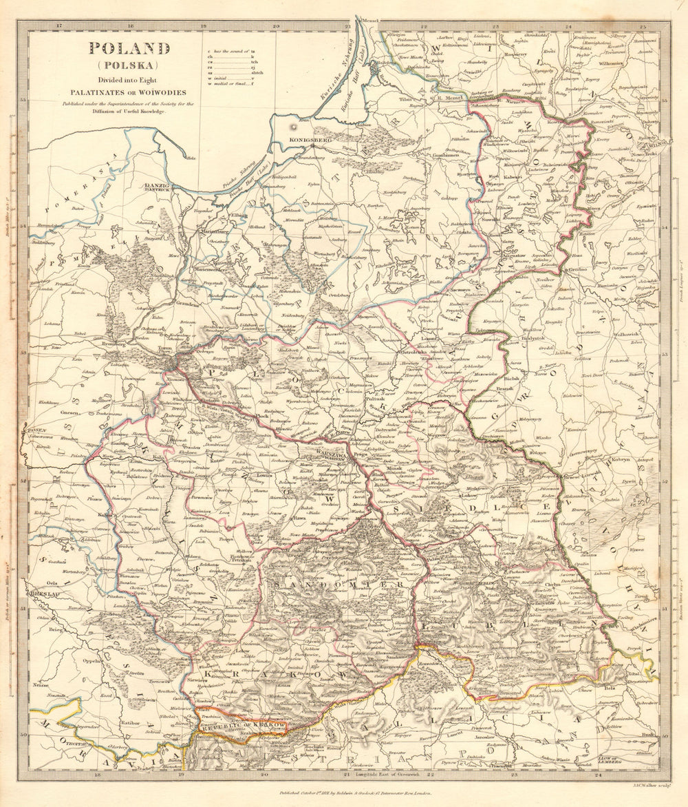 POLAND POLSKA.Palatinates Woiwodies.Mazow Krakow Plock Kalisz &c.SDUK 1848 map