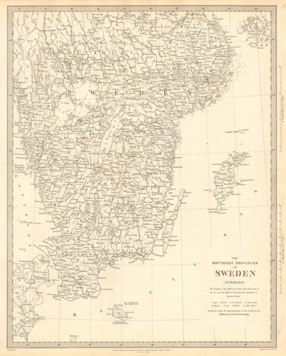 SWEDEN. the Southern Provinces of Sweden (Sverige) . SDUK 1848 old antique map