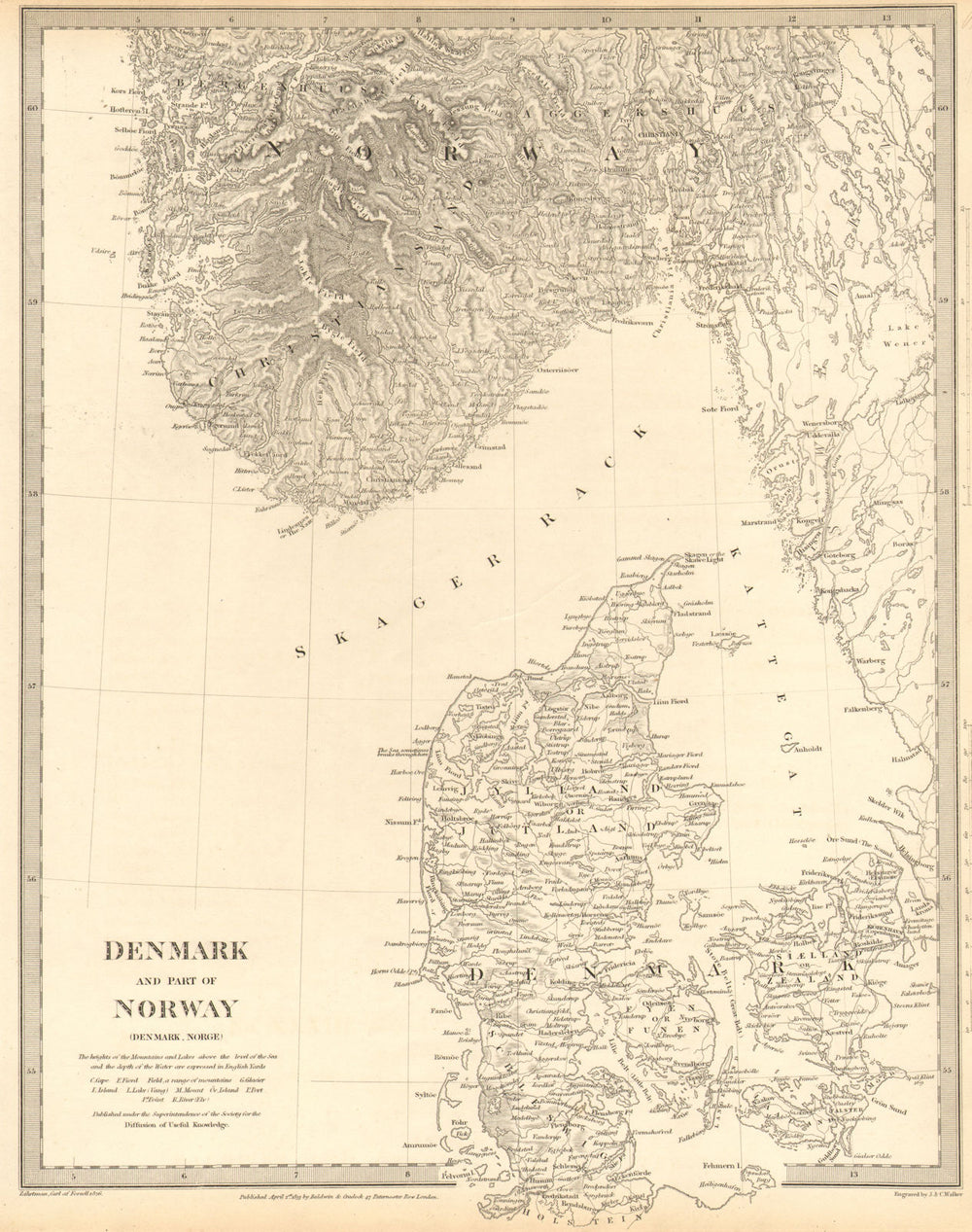 SCANDINAVIA. Denmark and Southern Norway (Norge) . SDUK 1848 old antique map