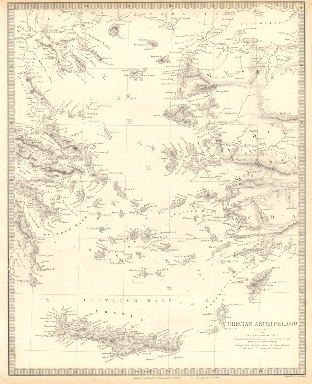 GREEK ARCHIPELAGO ANCIENT.Aegean Cyclades Creta Crete Dodecanese.SDUK 1848 map