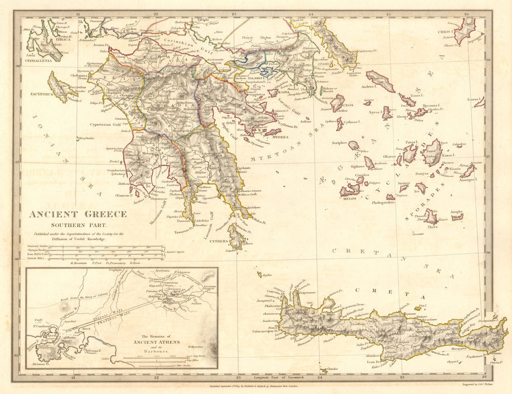 ANCIENT GREECE.Morea Creta Athens Peloponnesus Cyclades Arcadia.SDUK 1848 map