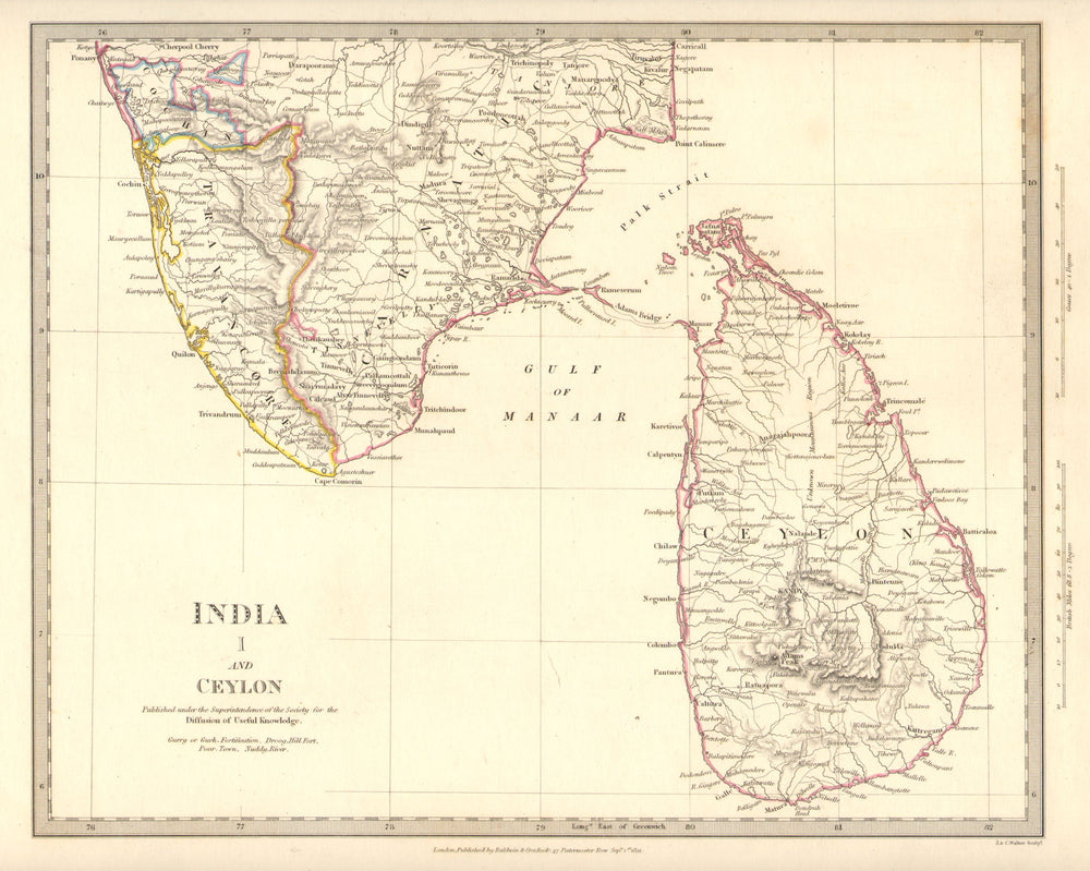 SOUTH INDIA & CEYLON (SRI LANKA) . Carnatic Travancore Kochi. SDUK 1848 map