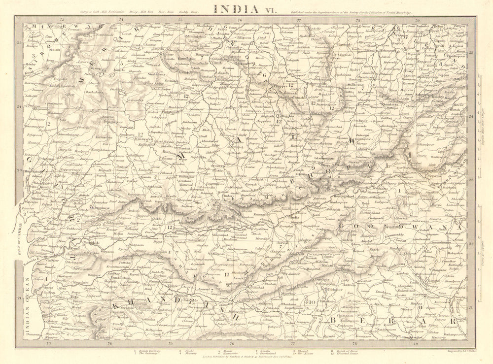 INDIA.Bundelkhand to Khandeish Berar.Gujerat. Goondwana Bhopal.SDUK 1848 map