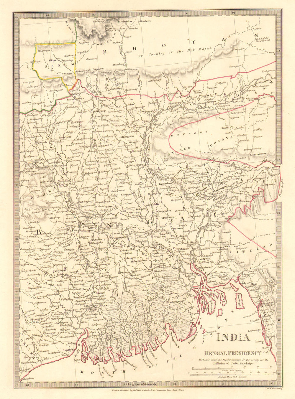 BENGAL BANGLADESH. Chittagong (Chotogram) Sikim Bhutan. SDUK 1848 old map