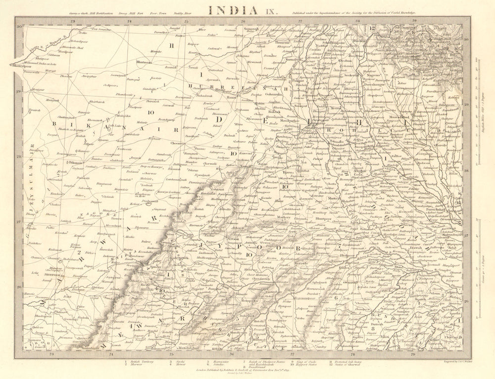 RAJASTHAN. India. Delhi Jaipur Marwar Bikaner Mewar Bundelkhand. SDUK 1848 map