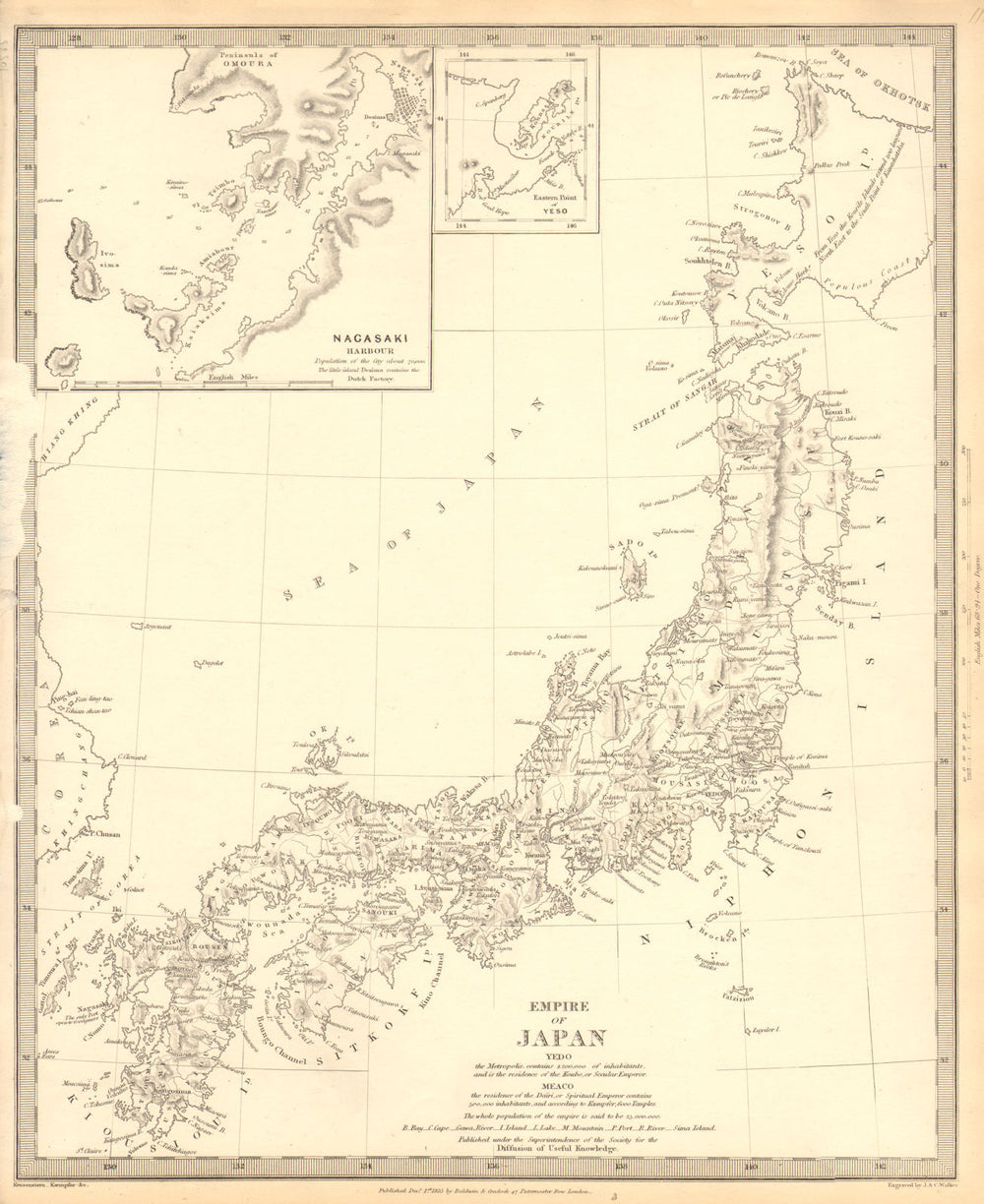 EMPIRE OF JAPAN. Inset Nagasaki Harbour; Yeso. Niphon Nippon. SDUK 1848 map