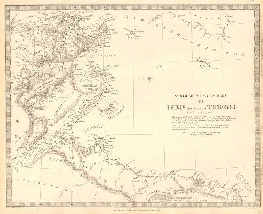 TUNISIA LIBYA. North Africa or Barbary. Tunis Tripoli. SDUK 1848 old map